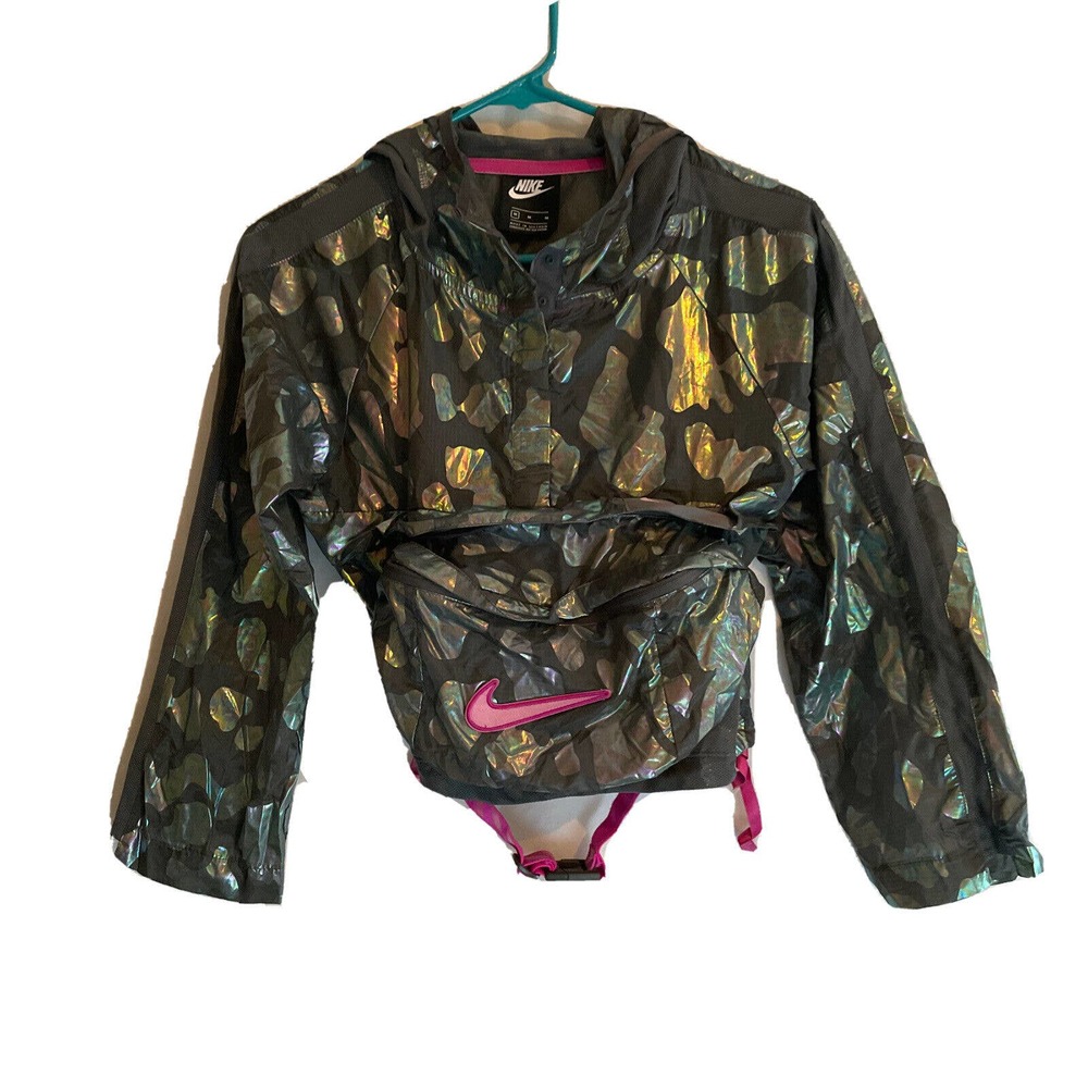 Nike Kids Iridescent Black Pullover Windbreaker Jacket with Pink Logo